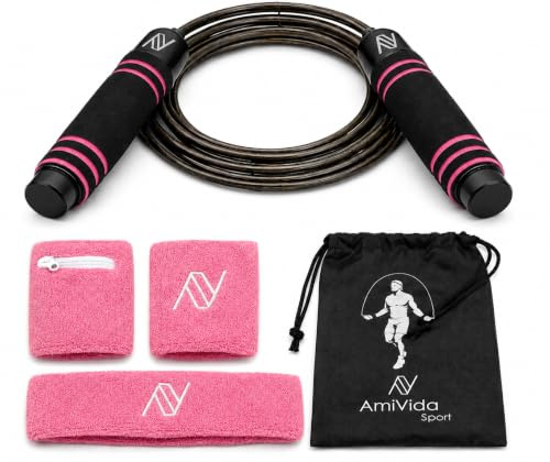 Corde à sauter AmiVida - Kit Fitness Femme avec Poignet avec Poche, Bandeau Cheveux et Sac de Transport Personnalisé