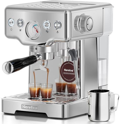 Neretva Machine à Expresso 15 Bars, Cafetiere Professionnelle en Acier Inoxydable avec Manomètre Visible et Mousseur de Lait Machine à Café Pour Barista à Domicile, Latte et Cappuccino