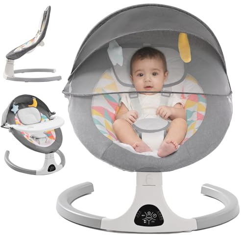 Babywippe Elektrisch,Babyschaukel Indoor Bluetooth, 5 Schwinggeschwindigkeit, 3 Winkellage, Fernsteuerung & Berührungsbildschirm Baby Wippe Elektronisch mit abnehmbarem Tablett, Moskitonetz Grau