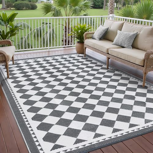 PureCozy Outdoor Teppich Wetterfest,Wendbarer Balkon Camping Teppiche 150x240cm, Leichtgewicht Outdoorteppich Carpet rutschfest für Garten Balkon Camping Terrassen, Grau