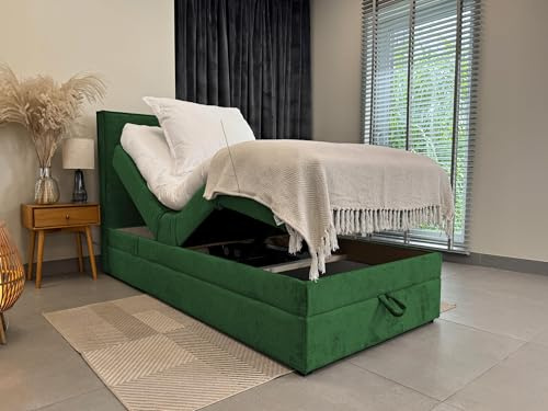 TRADA Boxspringbett 100 x 200 cm, Elektrische Bett mit Matratze, Grün | SORRENTO, Bett mit Kopfteil, Topper und Bettkasten, Stoffbezug Veloursstoff
