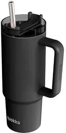 Quokka Vaso Stream Black 950ml - Tapa Multifunción con Pajita - Doble Pared Aislante - Acero Inoxidable Reutilizable