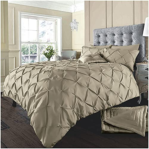GC GAVENO CAVAILIA Pinch Pleat Duvet Cover Sets, Pintuck Bedding Set With Matching Pillowcases, Super King Bed Set Latte