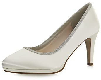 Rainbow Club Brautschuhe Yanna - Damen Pumps, Bequem Gepolstert, Ivory/Creme, Satin, Glitzer-Rand, Hochzeitsschuhe - Gr 39 EU (6 UK)