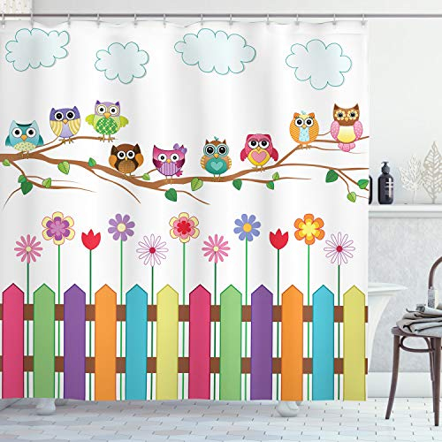 ABAKUHAUS Eulen Duschvorhang, Vogel auf Zweig Sunny Day, Stoffliches Gewebe Badezimmerdekorationsset mit Haken, 175 x 220 cm, Rosa Orange