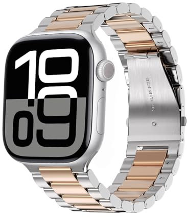 ARTCHE 42mm 41mm 40mm 38mm Metal Strap for Apple Watch Straps, Stainless Steel Cool Band Replacement Strap Compatible with iWatch Series 10/9/8/7/6/5/4/3/2/1/SE/SE2, Silver & Rose Gold