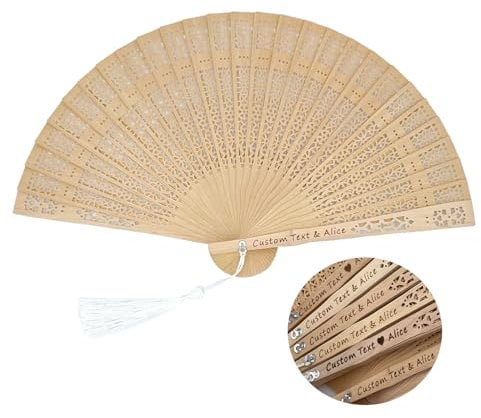 Atongham Personalised Customised Wooden Fans Hand Held Folding Fans Hollow Pattern with White Tassel and Gift Bag for Wedding Guest, Bridal Shower, Birthday Gift, Party Favors and Home Decorations