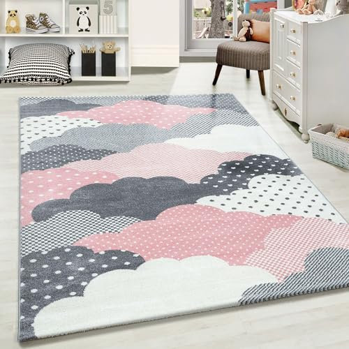 Carpetsale24 Kinderteppich Modern Wolken Design Pink und Grau 160 x 230 cm - Kurzflor Teppich Kinderzimmer Waschbarer Spielteppich Babyteppich für Junge und Mädchen Extra Weich Antiallergen Rechteckig