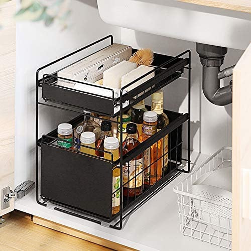 HUIJ Spülbeckenunterschrank Küchen Unterschrankregal Unter der Spüle Regal mit Korbschublade unter Waschbecken für Küchenschrank,Unterschrank aus Metallgitter für Küche und Badzimmer(Schwarz,weiß)