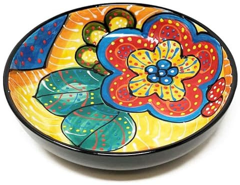 Verano Spanish Ceramics Classic Spanish Hand Painted Decorative Floral Pattern Serving Dish Shallow Bowls - 23cm Red/Yellow Flower
