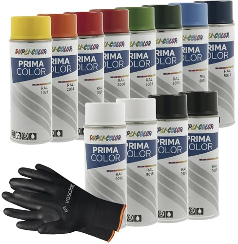 vasalat Dupli-Color Sprühlack Set Prima - 10 Farben - Farbspray blau/grün/weiß/schwarz/gelb/rot - Lackspray glänzend, 12 Spraydosen