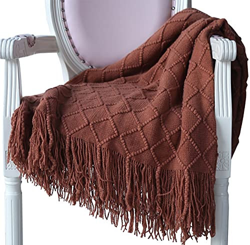 Hayisugal Wohndecke Weich Strick Wolldecke Quaste Kuscheldecke Sofadecke Schlafdecke Decke, Karamellfarbe, 125 x 210cm