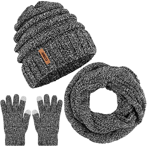 Aneco Winter-Strickschal, Mütze und Handschuhe, Set für Herren und Damen, warm, weich, dehnbar, Black+white, Medium