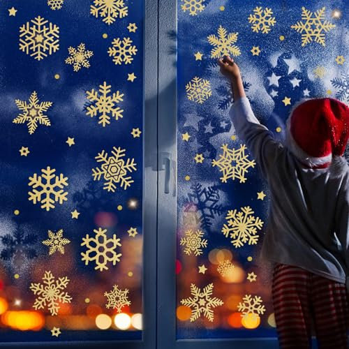 Schneeflocken Fensterdeko,Schneeflocken Fensterbilder Abnehmbare Fensterdeko Statisch Haftende PVC Aufkleber für Weihnachts-Fenster Dekoration, Türen,Schaufenster, Vitrinen, Glasfronten (Gold)