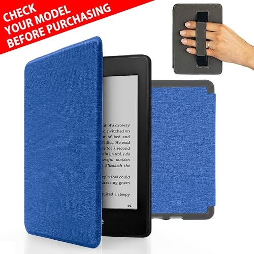 MyGadget Housse pour Amazon Kindle Paperwhite 10e Génération 2018 (PQ94WIF) - Etui Nylon Poignée élastique - Flip Case Tissu - Cover Bleu Foncé