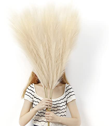 LinTimes 4 PCs Large Artificial Pampas Grass, 45 Inch Beige Fake Pampas Grass Soft Fluffy Dried Flowers Decor for Tall Floor Vases Decoration Rustic Wedding Arrangement Boho Home Decor