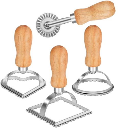 TACGEA Ravioli Stamp Maker Cutter with Roller Wheel (Set of 4), Wooden Handle and Fluted Edge, for Ravioli, Pasta, Dumplings Lasagna, Pierogi