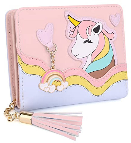UTO Nette Geldbörse Mädchen PU Leder Portemonnaie Damen Quaste Anhänger Kartenhalter Kawaii Einhorn Muster Münze Geldbeutel für Valentinstag Muttertag Geburtstag Gedenktag Weihnachten Neujahr Rosa