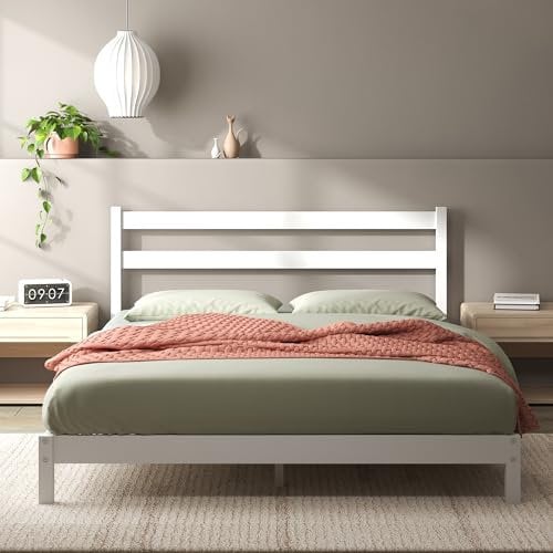 Zinus Telaio letto con piattaforma in bambù Robin, 160 x 200 cm, 20 cm, supporto a doghe in legno, facile da montare, bianco