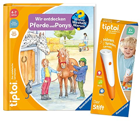 Ravensburger tiptoi Set: Wieso? Weshalb? Warum? Wir entdecken Pferde und Ponys (Kinderbuch) + 00110 tiptoi Der Stift, Lernspielzeug für Kinder
