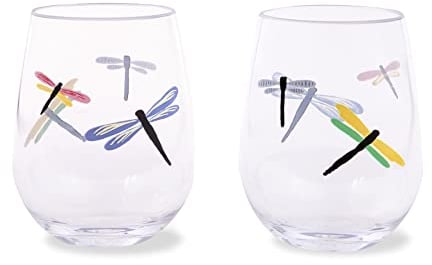 Kate Spade New York Stemless Wine Glass Set of 2, BPA-Free Acrylic Glasses, 14 Ounce Capacity Plastic Wine Cups (Dragonfly Flight)