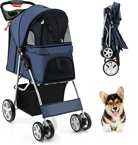 GYMAX Hundewagen, Haustierwagen, zusammenklappbarer Katzen-/Hundebuggy mit Aufbewahrungskorb, Getränkehaltern & Netzfenster, Reisewagen mit 4 Rädern für kleine Haustiere (Dunkelblau)