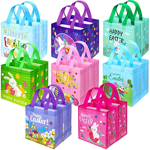 SelfTek 16 Pack Easter Gift Bags, Easter Egg Hunt Bags Reusable Easter Party Treat Tote Bags Waterproof Foldable Non-Woven Bags with Handles for Kids Easter Party Favors