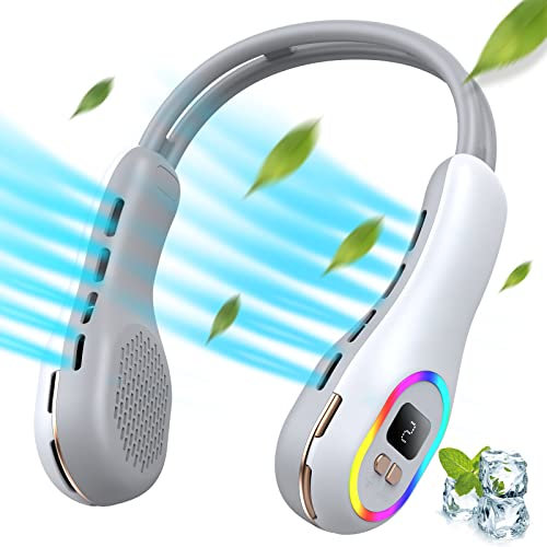 GENCOLY Neck Fan, Fast Charging Hanging Bladeless Mini Personal Fan, 3 Speeds Rechargeable With Colorful Light, Portable for Women Man Outdoor Home Office Travel - White