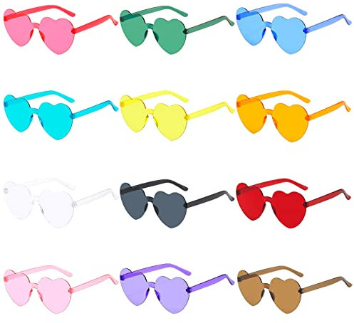 TOPJOWGA Herz Brille, 12 Stück Randlose Herz Brille, Retro Party Sonnenbrille, Herz Sonnenbrille Partybrille Set, Hippie Brille für Fasching Geburtstagsfeier