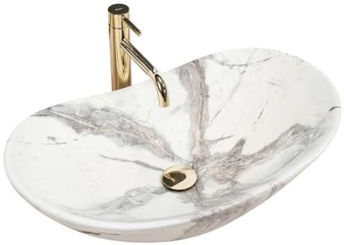 Rea Aufsatzwaschbecken ROYAL SAND Waschtisch Handwaschbecken Waschschale Waschbecken für Badezimmer aus hochwertiger Keramik 625 x 370 x 165 mm (Weiß, Marmorimitat)
