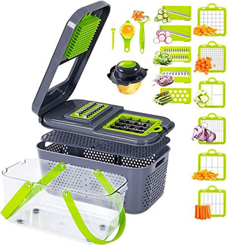 Hachoir à Légumes de Luxe 22 en 1, Trancheuse à Mandoline Professionnelle pour La Cuisine, Coupe-oignons et Dés pour Pommes de Terre, Tomates, Légumes avec 13 Lames