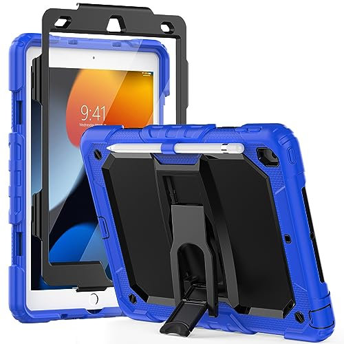 SEYMCY Case for iPad 9th/8th/7th Generation 10.2 Inch 2021/2020/2019, 3 Layer Full Body Drop Shockproof with Folding Stand, Screen Protector, Pencil Holder for iPad 9/8/7 gen, Blue