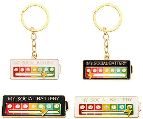 Ruikdly My Social Battery Pin, 2 Lustige Brosche für Soziale Stimmung für 7 Tage +2 Schlüsselanhänger Slider Social Battery Badge, Lustige Soziale Batterie für Selbstausdruck, Modisches Accessoire.