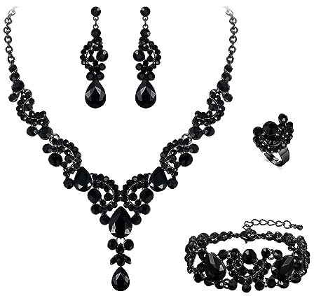 EVER FAITH 4 Stück Schmucksets für Damen Party Hochzeit Braut Strass Kristall floralen Welle Teardrop Halskette baumeln Ohrringe Armband Ring Set Schwarz Schwarz-Ton