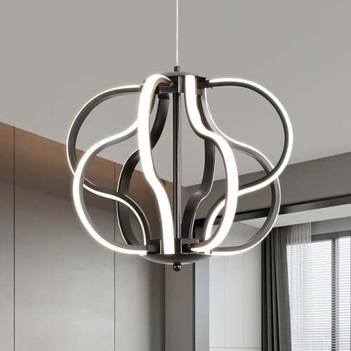 ZenithBeam LED Pendelleuchte Schwarz, Moderne Lampe Wohnzimmer Mit Fernbedienung, Dimmbare Kunstdekor Lampe 40 W, 8 Lichter Linie HäNgelampe FüR Wohnzimmer, KüChe, Schlafzimmer, Flur, Esszimmer