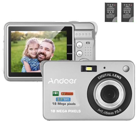 Andoer 18MP Digital Camera, 2.7 Inch LCD Compact Digital Camera with 2 Batteries, 8X Digital Zoom Anti-Shake Photo Camera for Beginner Adults Children Teens, Silver