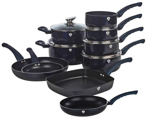 Blaumann 15 Pc Cookware Frying Cooking Grill Pan Pots Saucepan Soft Touch Handle (Black Matt)