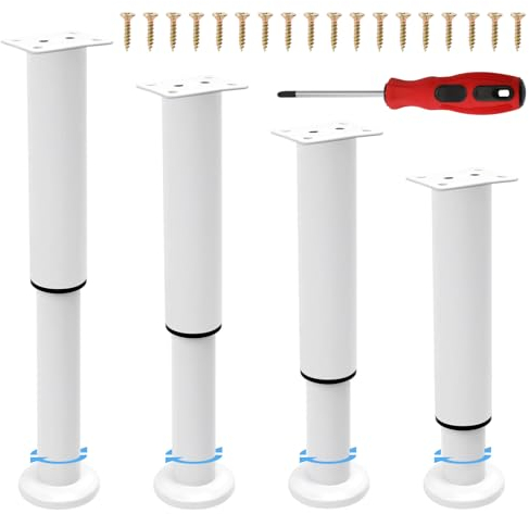 Ticeed Lot de 4 Pieds de Meubles de 18 à 30 cm réglables en Acier avec 18 vis et 1 Tournevis pour Meubles, canapé, lit, Table de Chevet, Armoire, Armoire (Blanc)…