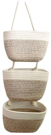 Viusneun Hängende Aufbewahrungskörbe für Tür, Organizer mit 3 stufiger Hängekorb Baumwollseil geflochten aufbewahrungskorb für Schlafzimmer Badezimmer Wohnzimmer (F)