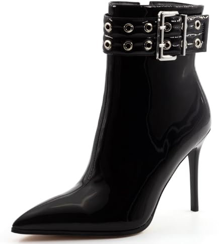 MISSMILLER Damen-Stiefeletten mit hohem Absatz, sexy spitzer Zehenbereich, Stiletto-Stiefel mit Reißverschluss, 10,2 cm Absätze, Schwarz Lack, 37.5 EU