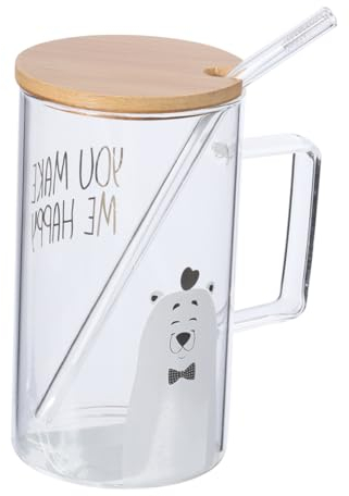 Alipis Vaso de Vidrio con Diseño de Oso de Dibujos Animados Y Asa para Beber de Forma Segura