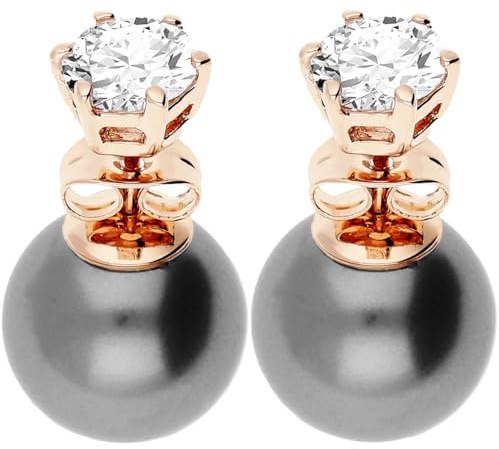 LÖB Ohrstecker Doppel Ohrringe 750er Roségold Vergoldet Zirkonia Zwei Perlen Grau 10mm, Damen Perlenohrringe Glitzer Stein Front Back Set Rose Gold Schmuck