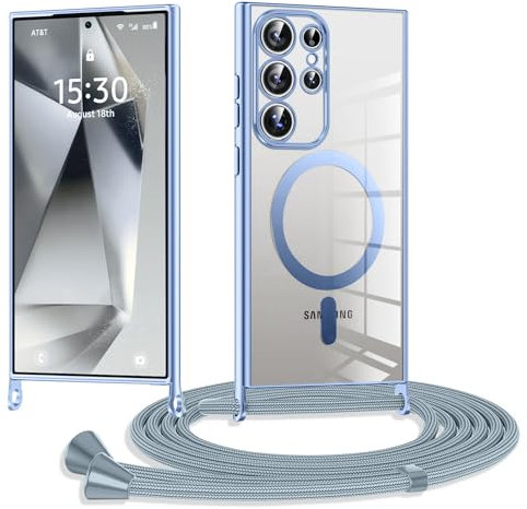 XCuihulle Coque Magnétique pour Samsung Galaxy S24 Ultra avec Cordon de Collier,Transparent Coque Silicone TPU Housse avec Réglable Collier Étui Bandouliere Laniere Lanyard Case-Bleu