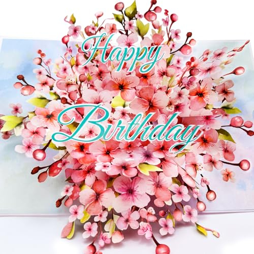 YianHien Kirschblüten Geburtstagskarte Frau, 3D Romantische Sakura Geburtstagskarte Pop Up Frauen für 20 30 40 50 60 70 80 90 100 Geburtstag Mama Oma Frau Freundin Freunde Liebhaber Beste Freunde