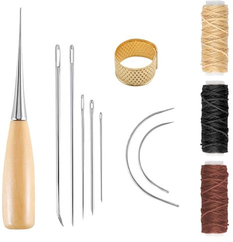 12Pcs Leather Sewing Needle 12m Waxed Thread Kit Upholstery Sewing Kit Cord Drilling Awl Thimble Curved Needle for DIY Crafts Leather Canvas Repair Hand Stitching Embroidery Bookbinding