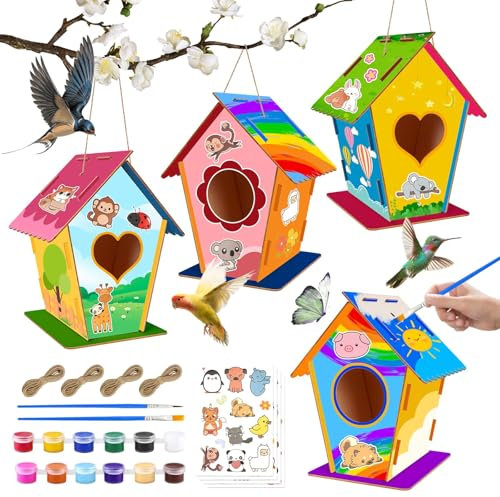 Acentor Lavoretti Creativi, 4 pezzi Kit Fai da te per Casetta Uccelli in legno, Divertente Casetta per Uccelli con Set di Pittura, Kit Fai da te Creativo Bambini, Regali per Ragazze Ragazzi