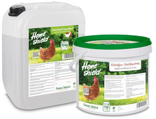 Home Shield Bundle - 2 kg Eimer Kieselgur & 15 kg Kanister Sandbad - Kieselgur & Staubbad zur Verbesserung der Gesundheit & Stallhygiene für Hühner & Geflügel