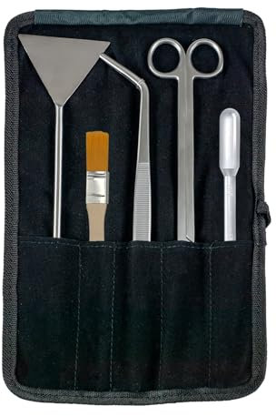 WabiFlur - Tool Kit 5 Pezzi per Wabikusa e Aquascaping - Set Utensili in Acciaio Inossidabile con Custodia: Forbici Curve, Pinza, Spatola, Contagocce e Pennellino per Cura Professionale delle Piante