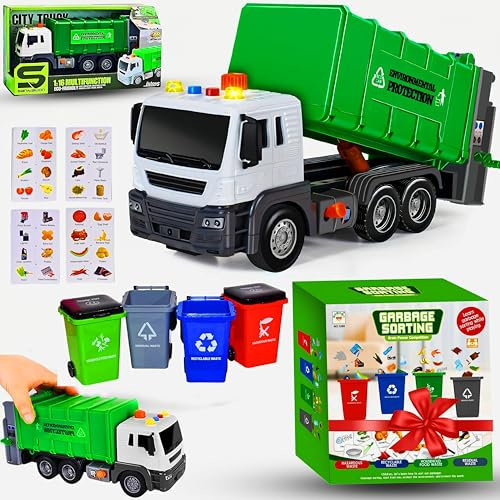 SGM1269,JS108 Garbage Truck Toy - Waste Management Recycling Truck with Trash Cans, Friction Powered Toy with Lights & Sounds, Sorting Game, Educational Pretend Play Toy for Kids, Boys & Girls -