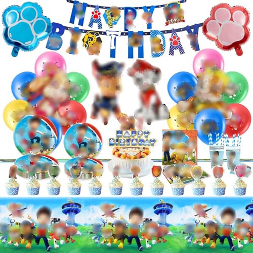 105 Stück Geburtstag Party Deko, Dog Deko Kindergeburtstag Kit mit Kuchen deko, Luftballon, Pappteller, Tischdecke,Theme Geburtstag Deko für Kinder